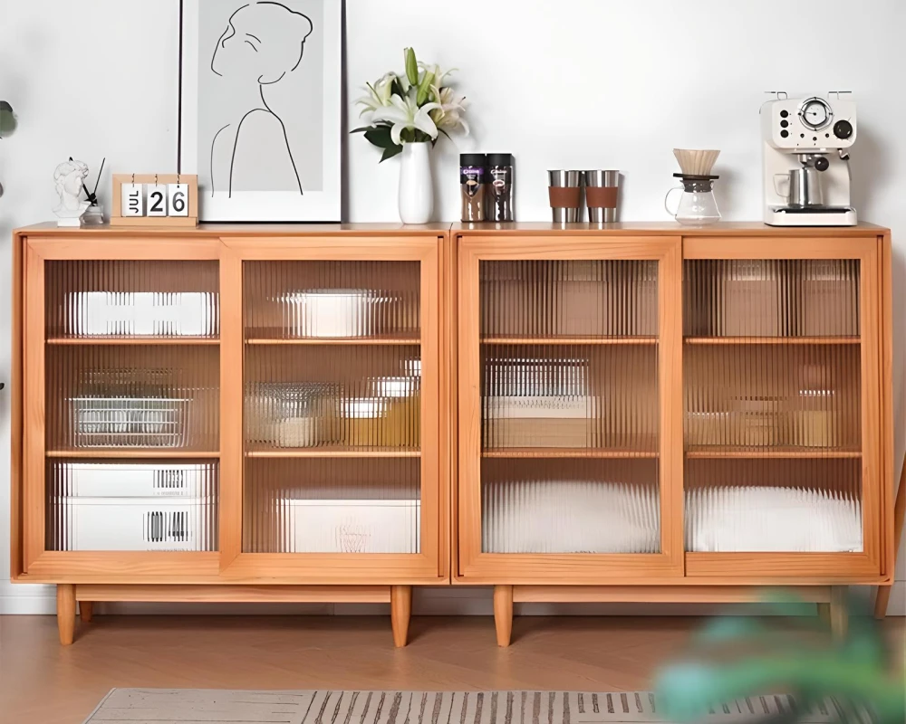 wooden sideboard with glass doors